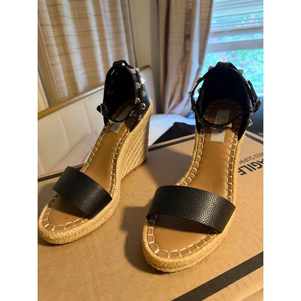 Steven New York Black Studded Espadrille Wedge Sandals Size 7 Ankle Strap Jute